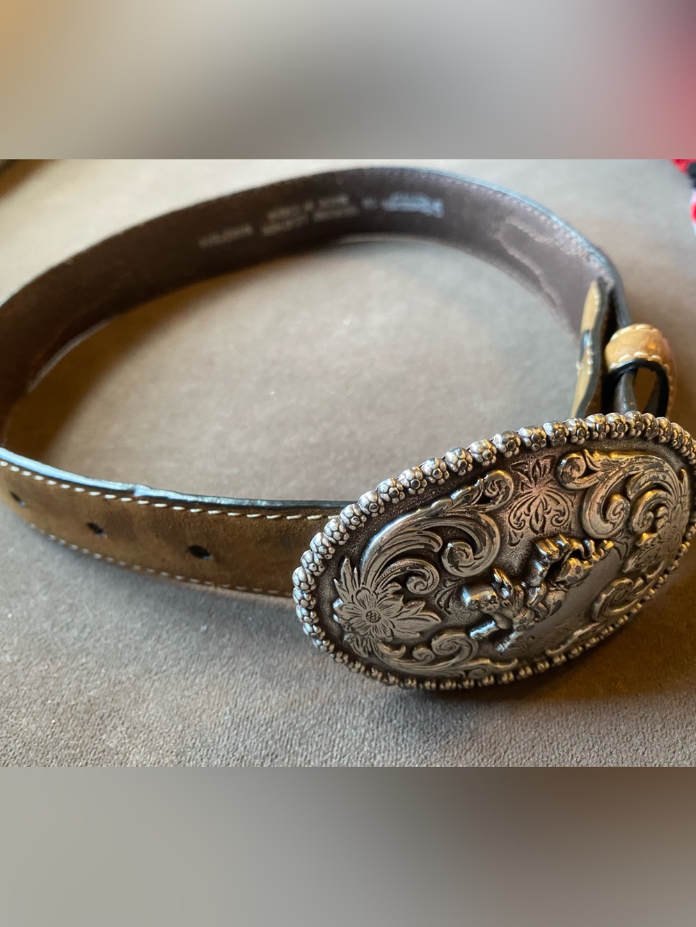 Kids Silver Western Belt Buckle with Floral & Rodeo Horse Design